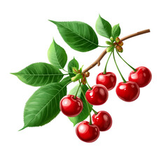 Obraz premium Hyper-detailed botanical cherry branch, red cherries with green leaves, transparent PNG, elegant flat lay style