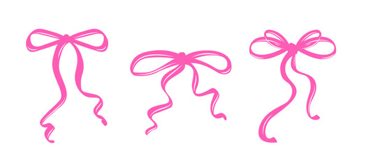 Set of Pink Coquette Bows in Different Styles. A Charming Collection of Feminine Hand-Drawn Ribbons with Playful Curves