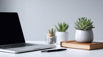 Minimalist Office Workstation with Laptop and Succulent Plants