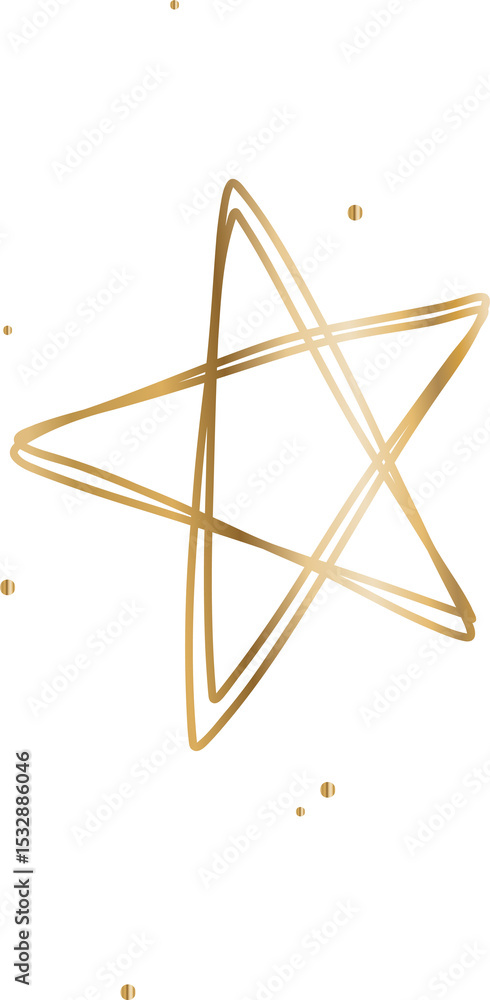 Poster displaying flat five-pointed star outline with scattered golden dots on transparent background