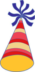 Conical party hat is floating in flat vector with striped cone, ribbon burst, transparent backdrop