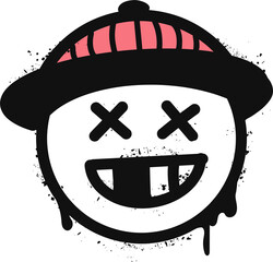 Smiley face with pink-striped beanie is dripping graffiti-style splatter on transparent background