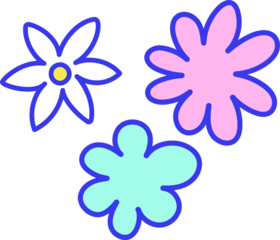 Three stylized flowers are floating on transparent background showing blue outlines, pastel petals