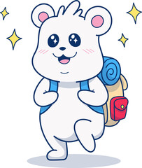 Flat design white bear is balancing blue backpack, mat, red pocket, star sparkles on transparent bg