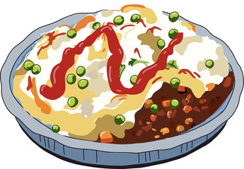 Flat design plate is showing potato mash drizzled in red sauce and gravy, peas and carrots, transpar