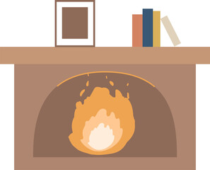 Obraz premium Flat design arched fireplace burning flame on mantel with books and frame, transparent background