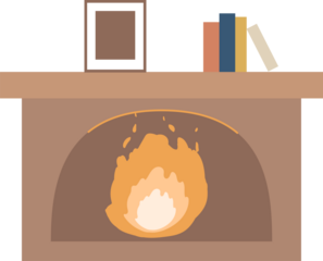 Flat design arched fireplace burning flame on mantel with books and frame, transparent background
