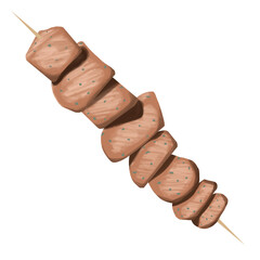 Skewered meat is being shown in flat design with grill marks, herb flecks on transparent background