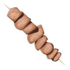 Gordijnen Skewered meat is being shown in flat design with grill marks, herb flecks on transparent background © vectorfusionart