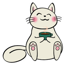 Stylized cream-colored cat is holding steaming green cup in flat style, on transparent background
