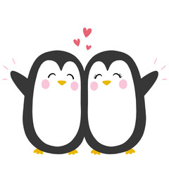 Two cartoon penguins are posing in flat design with pink hearts and lines, transparent background