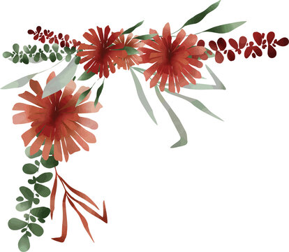 Fototapeta Corner watercolor floral art is showing orange flowers, eucalyptus leaves on transparent background