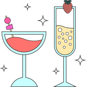 Naklejki Two flat cocktail glasses are floating on transparent canvas with skewer, strawberry and sparkles