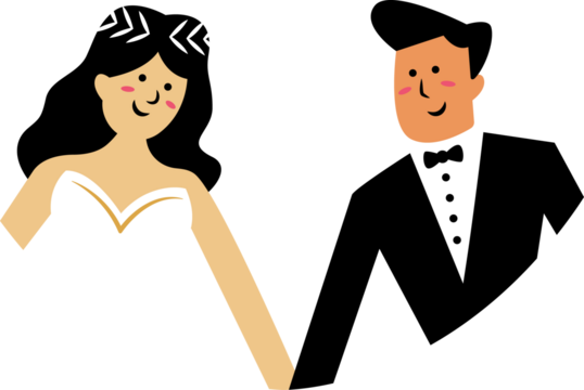 Bride and groom are standing side by side on transparent background, wearing gown and tuxedo