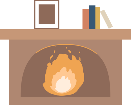 Flat design arched fireplace burning flame on mantel with books and frame, transparent background