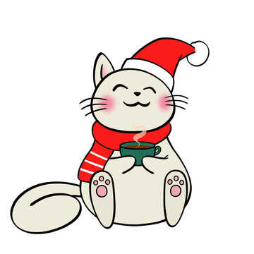 Fototapeta Flat design cat wearing Santa hat and scarf is holding steaming green mug on transparent backdrop