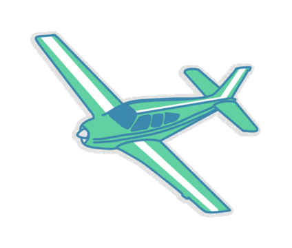 Flat propeller plane is flying on transparent background showing mint panels and striped wings