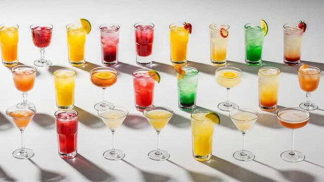 Colorful Cocktail Collection: A Variety of Refreshing Mixed Drinks on White Background