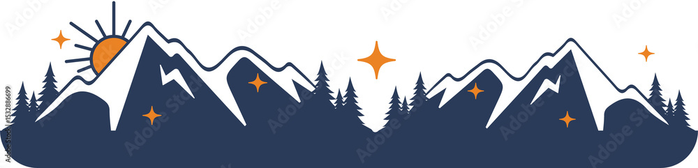 Poster flat design is showing mountains with snowcaps, sun rising with sparkles on transparent background