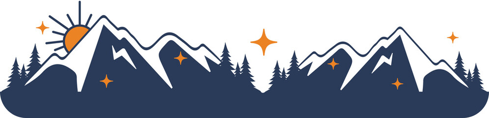 Flat design is showing mountains with snowcaps, sun rising with sparkles on transparent background