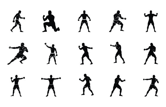 Boxing Silhouettes Set Featuring Dynamic Athletic Poses, Action Stances, and Powerful Boxing Movements for Fitness, Sports, and Martial Arts Illustrations