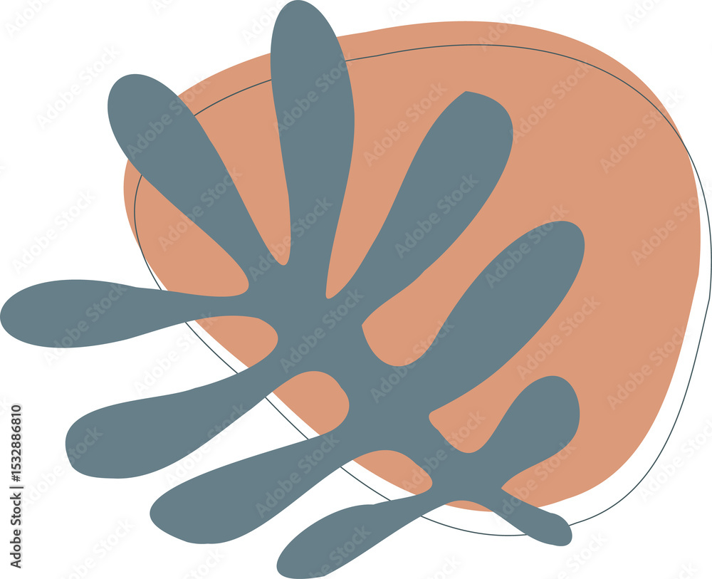 Poster displaying abstract flat artwork merging peach shape with blue-gray lobes on transparent background