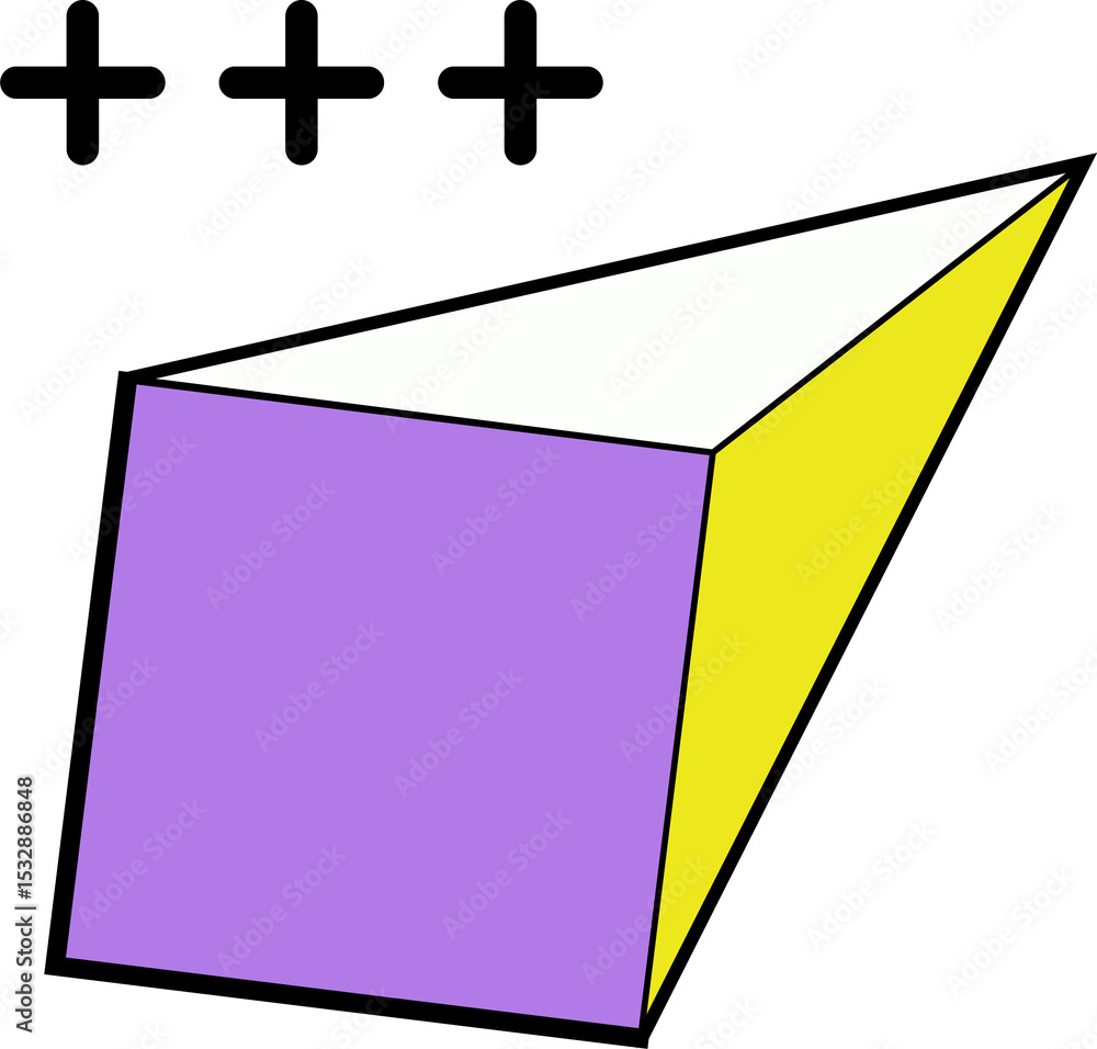 Poster 3d cuboid is showing three colored faces with floating black plus signs on transparent background