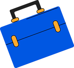 Flat design blue toolbox is tilting with black handle and yellow latches, transparent background