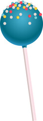 Flat design teal cake pop is floating on transparent backdrop with colorful sprinkles on pink stick