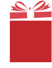 Flat-design wrapped gift is being shown on transparent background, featuring red box, bow, sparkles