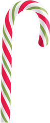 flat vector hooked candy cane is being shown on transparent background with red white green stripes