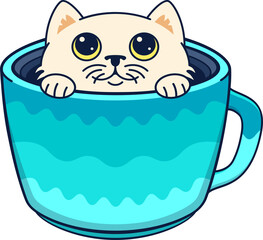 Cream-colored cat is peeking from wavy turquoise mug in flat illustration, transparent background