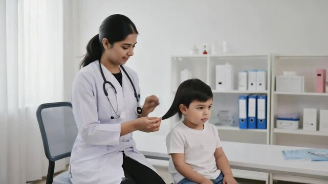 Doctor examining child for lice.