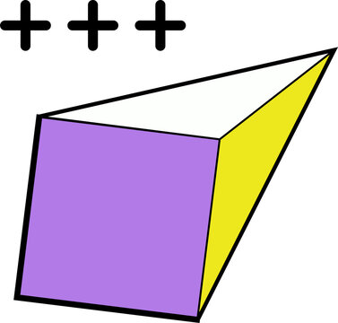 3D cuboid is showing three colored faces with floating black plus signs on transparent background