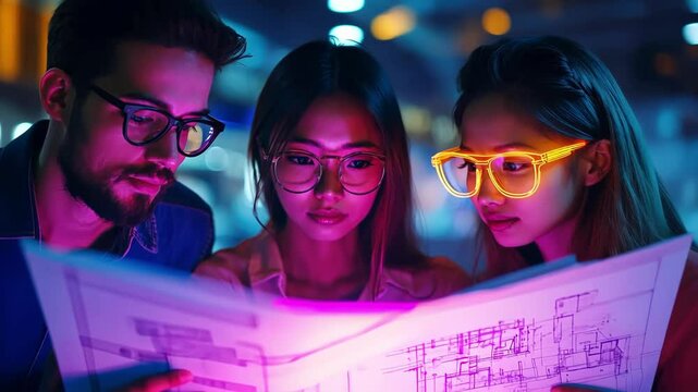 Three diverse people looking at blueprints, one wearing luminous glasses. People collaborating, planning, discussing futuristic architectural design with new technology.