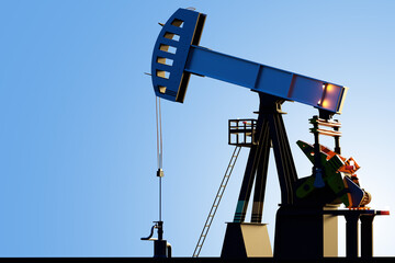Oil pump jack operating at sunset, extracting crude oil from underground reservoir, used in...