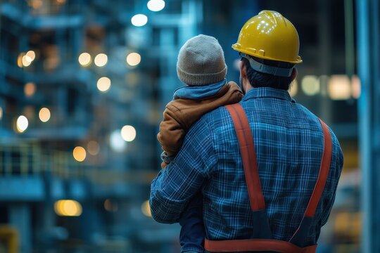 Engineer man carries son while observing a bustling construction site during evening hours, illuminated by work lights
