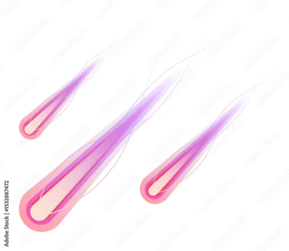 Poster three glowing comets are streaking across transparent background in flat design with glowing trails