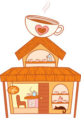 Vector coffee shop is featuring steaming cup roof, shelf, sleeping cat on transparent background