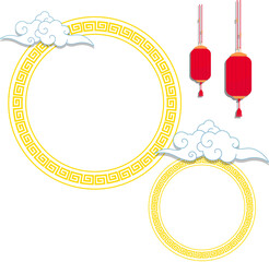 Showing Chinese New Year vector with gold frames lanterns calligraphy on transparent background