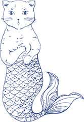 Cat-mermaid hybrid is swimming with forepaws, scaled tail in blue line art, transparent background