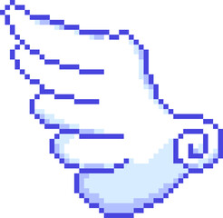 Pixel art wing is floating over transparent background, showing layered feathers with blue outline