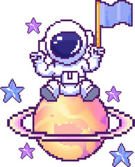 Fototapeta premium 8-bit astronaut is planting flag on pastel orange-pink ringed planet among stars, clear backdrop