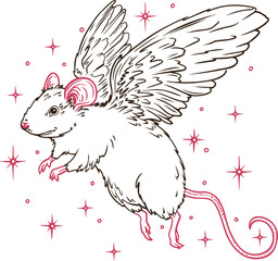 Line art winged mouse is gliding on transparent background, featuring pink accents and red stars