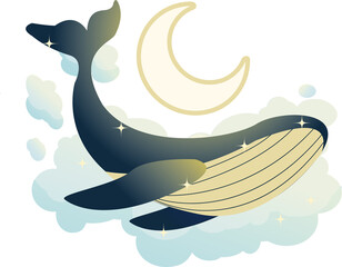 Stylized blue-cream whale is gliding in star-sparkled clouds, crescent moon, transparent background