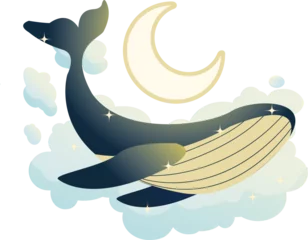 Fotobehang Stylized blue-cream whale is gliding in star-sparkled clouds, crescent moon, transparent background © vectorfusionart