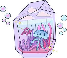 Fototapeta premium Rendering pastel aquarium: jellyfish, clownfish, coral seaweed in bubbles, transparent background