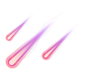 Three glowing comets are streaking across transparent background in flat design with glowing trails