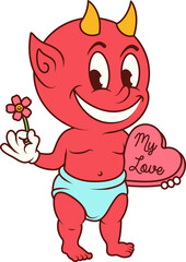 Cartoon-style red devil baby is standing on transparent background, holding daisy and My Love heart