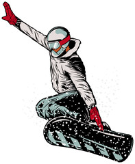 Snowboarder is soaring in vector style on transparent background with snowboard helmet snow spray